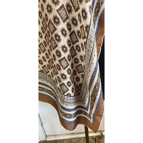 Vtg 1960's Silk Scarf Geometric And Paisley Pattern Blue Brown & Beige 32" x 31" - Picture 3 of 9